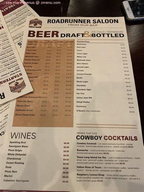 roadrunner saloon menu